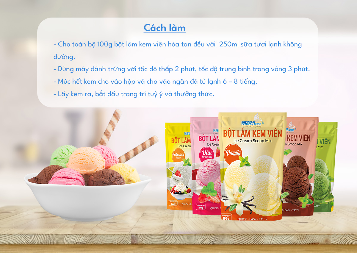 Cách làm kem vi&ecirc;n từ b&ocirc;̣t làm kem BenusCream