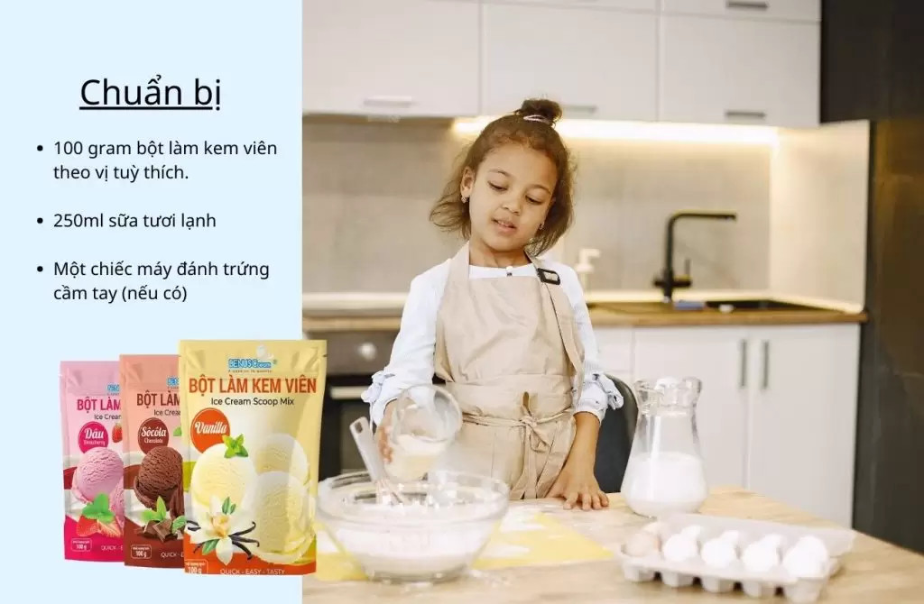 Chuẩn bị nguyên liệu làm kem viên đơn giản với bột làm kem Benuscream